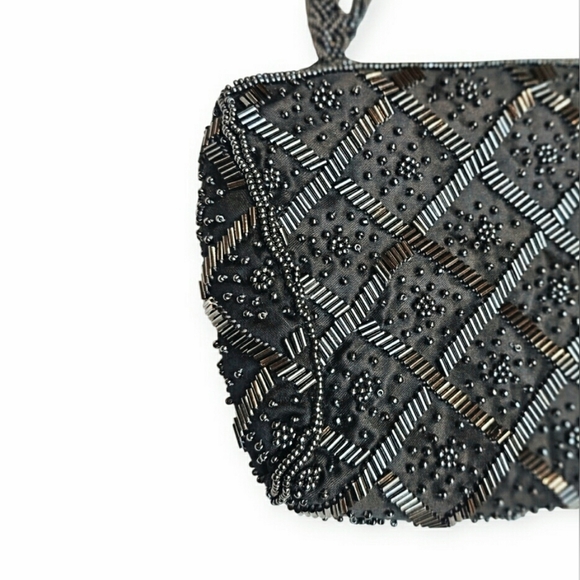 RARE Vintage La Regale Evening Bag Beaded Bling Black Satin Handbag Clutch Purse - Picture 7 of 11